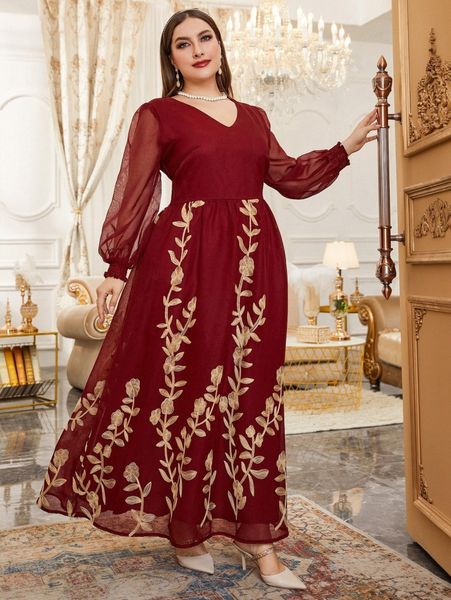 

plus random floral embroidery shirred cuff lantern sleeve dress w7xm#, Black