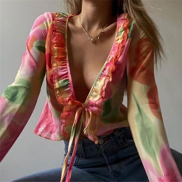 

women's t-shirt y2k floral print long sleeve crop women ruffles shirts 2022 summer spring casual v neck bandage beach wrap t, White