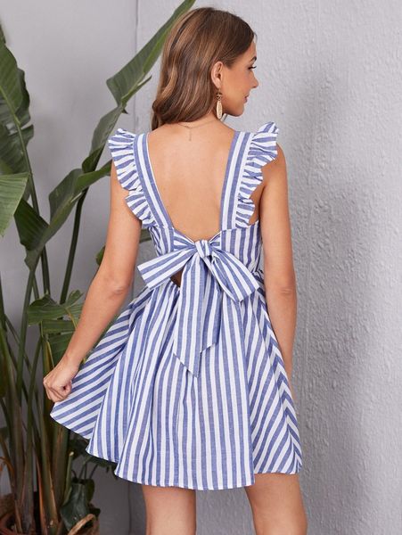 

striped print tied backless ruffle trim dress d74y#, Black;gray