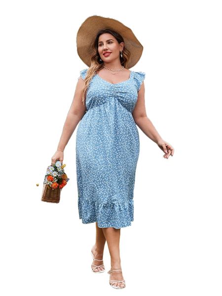 

plus ditsy floral flutter sleeve ruched front ruffle hem dress x2wp#, Black