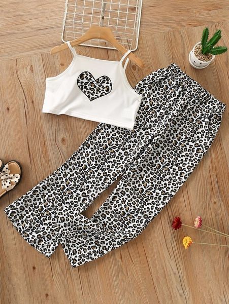 

girls leopard & heart print cami & flare leg pants she, White