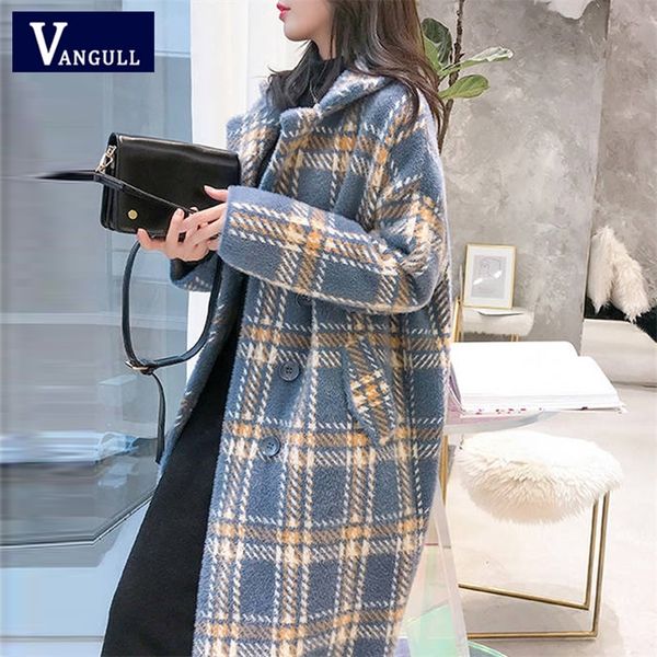 

vangull elegant plaid women woolen coats ladies 2020 autumn fashion casual turn down collar coats female long loose warm outwear lj201109, Black