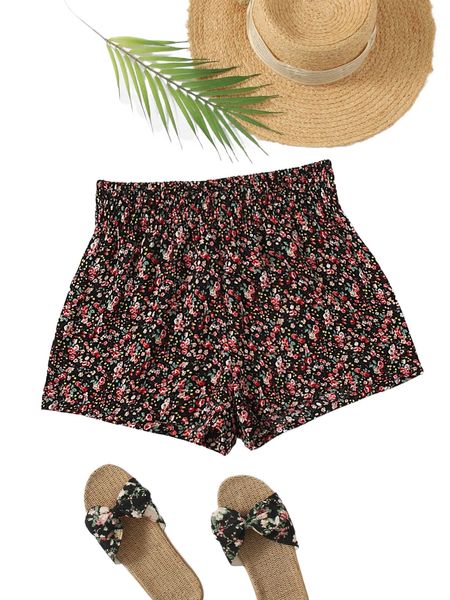 

ditsy floral elastic waist shorts 35t2#, White;black