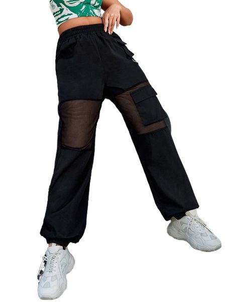 

sxy contrast mesh flap pocket cargo pants 60du#, Black;white