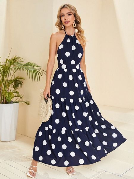 

tied backless polka dot halter dress a2ew#, Black;gray