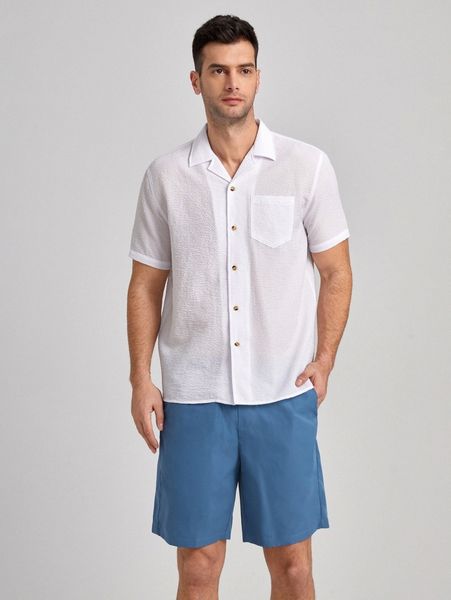 

men patched pocket shirt & drawstring waist shorts r9no#, Gray