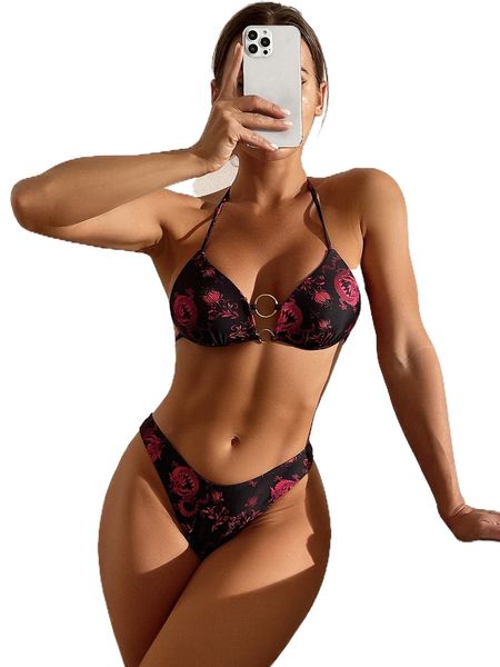 

dragon print ring linked halter push up bikini swimsuit n2d9#, White;black