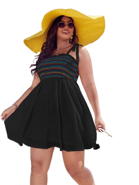 

plus shirred frill trim tie shoulder cami dress w006#, Black