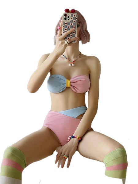 

colorblock o-ring detail tube bikini swimsuit 88zh#, White;black