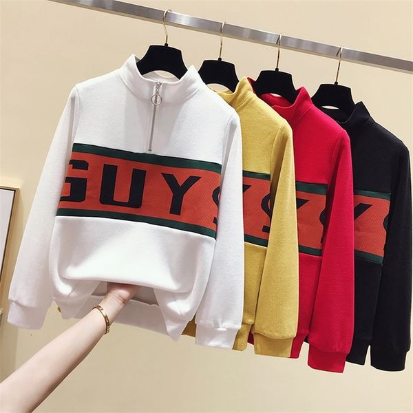 

in the spring of the new european goods web celebrity zip fleece printed letters loose t-shirts female fashion collar coat lj201102, Black