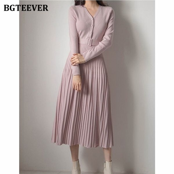 

bgteever elegant autumn knitted pleated dress v-neck belted single-breasted women sweater midi dress 2021 a-line vestidos, Black;gray