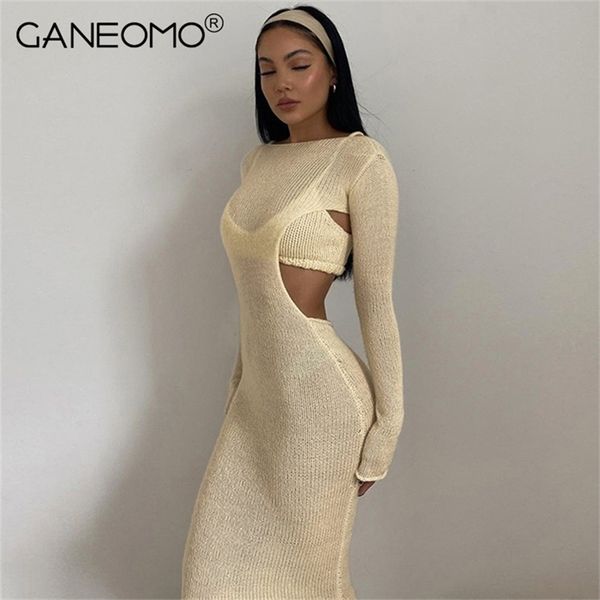 

long sleeve knitted maxi dress for women spring bodycon cut out party club tight dresses elegant black clothing 220728, Black;gray