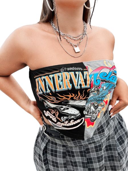 

plus wings & letter graphic hanky hem tube v252#, Black