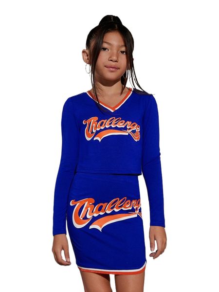 

girls letter graphic tee & skirt set 83d5#, Black;white