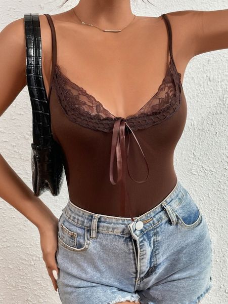 

contrast lace tie front cami 74bc#, White