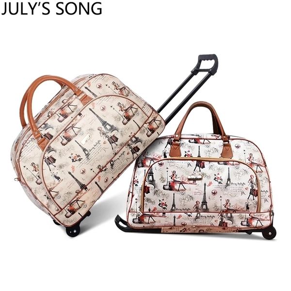

july's song women travel bag trolley suitcase pu leather large capacity waterproof print luggage duffle bag men tote on wheels 220325