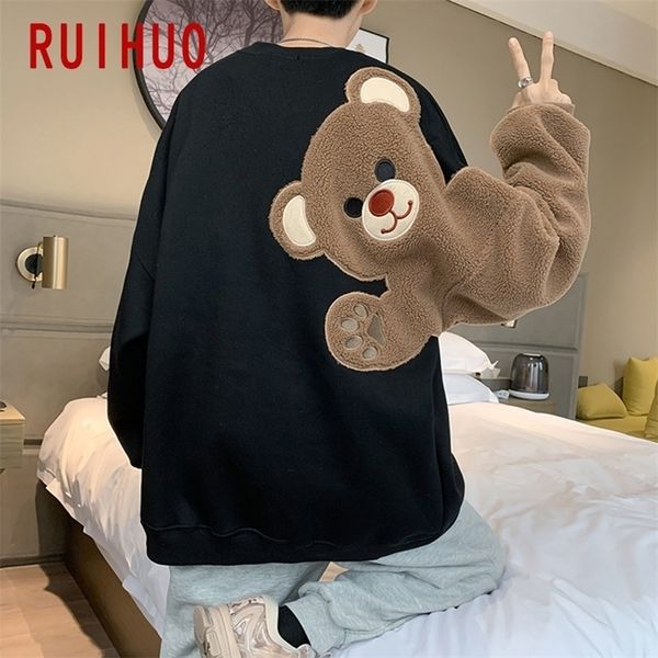 

ruihuo bear casual sweatshirt men harajuku streetwear s clothes funny pullover sweatshirts hip hop 2xl spring 220325, Black