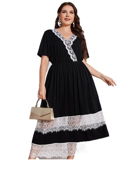 

plus eyelash lace panel a-line dress b9cm#, Black