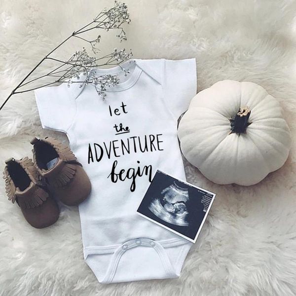 

let the adventure rompers begin baby bodysuit pregnancy announce newborn boys girls cotton jumpsuit short sleeve clothes, Blue