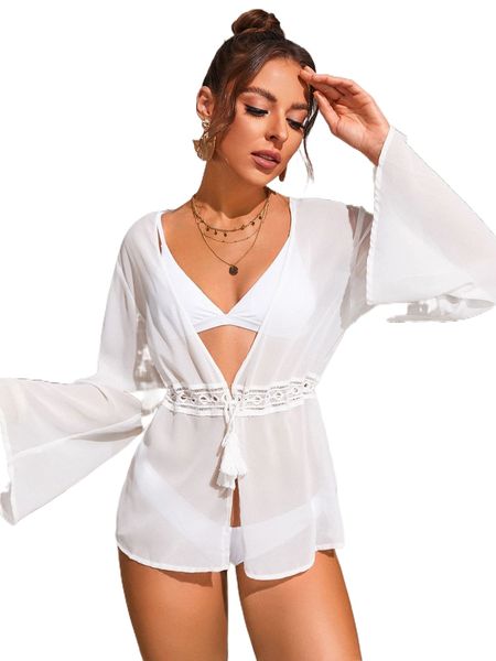 

chiffon tie front kimono 97eg#, White;black