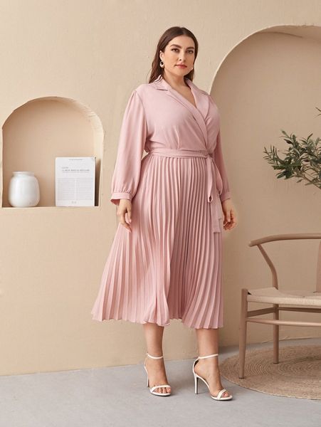 

plus notched collar self belted pleated dress 98ju#, Black