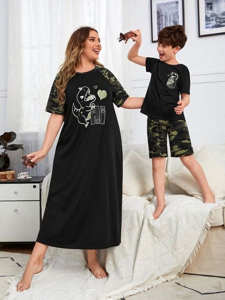 

plus 1 pc camo raglan sleeve dinosaur print sleepdress e5lp#, Black;white