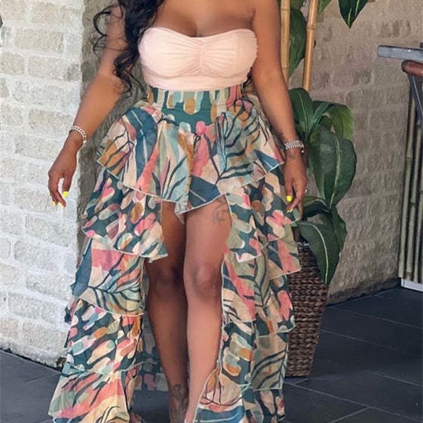 

women high waist floral printed slit maxi skirt 220611, Black