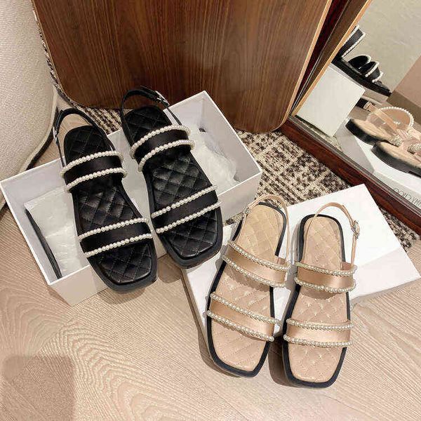 

designer women's high heel casual shoes xiaoxiangfeng pearl fashion sandals 2022 summer one line buckle square open toe casual flat sho, Black