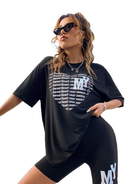 

letter graphic drop shoulder tee & biker shorts m66i#, White