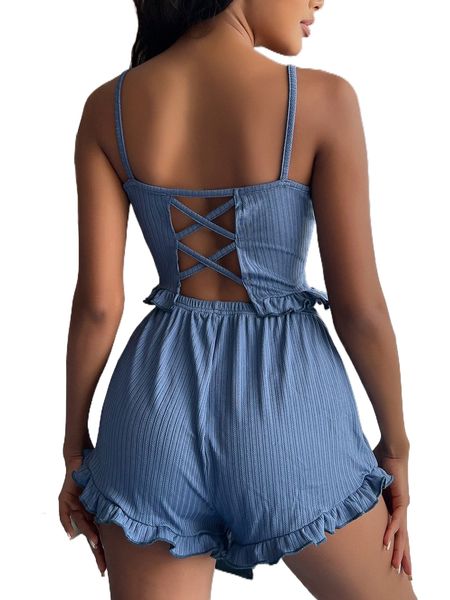 

crisscross back ruffle trim pj set r7nd#, Black;red