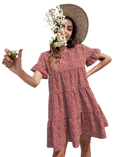 

ditsy floral flounce cuff ruffle hem smock dress 17u0#, Black;gray