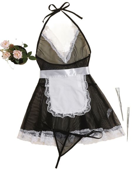 

4pack lace trim mesh halter maid costume dress 13rf#, Black;red