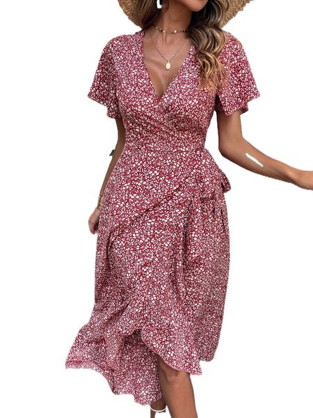 

d.itsy f.loral print k.not side r.uffle trim w.rap d.ress n630#, Black;gray