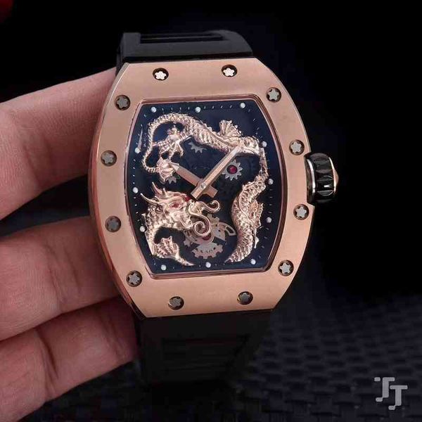 Luxuriöse Herren-Mechanikuhr Richa Milles Armbanduhr, schwarzes Gummi, Roségold, Herren-Saphir-Automatik, mechanisch, Drache, Tourbillion, Skelett