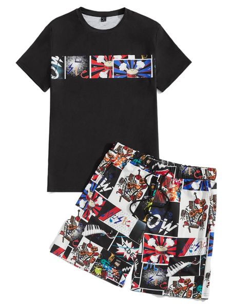 

men pop art print tee & drawstring waist shorts q2ky#, Gray
