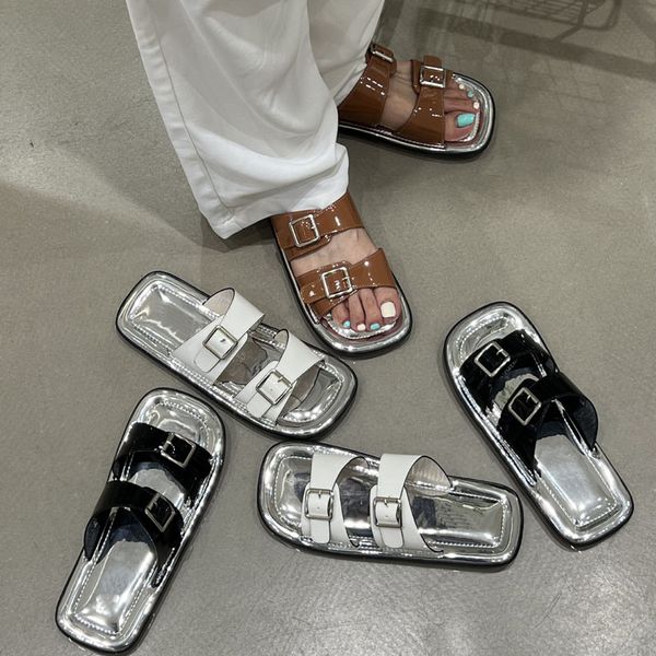 

2022 new design slippers sandals flat sandal muler summer shoes for women lady open toe casual wear size from us 6-12 buckle decor bigger si, Black