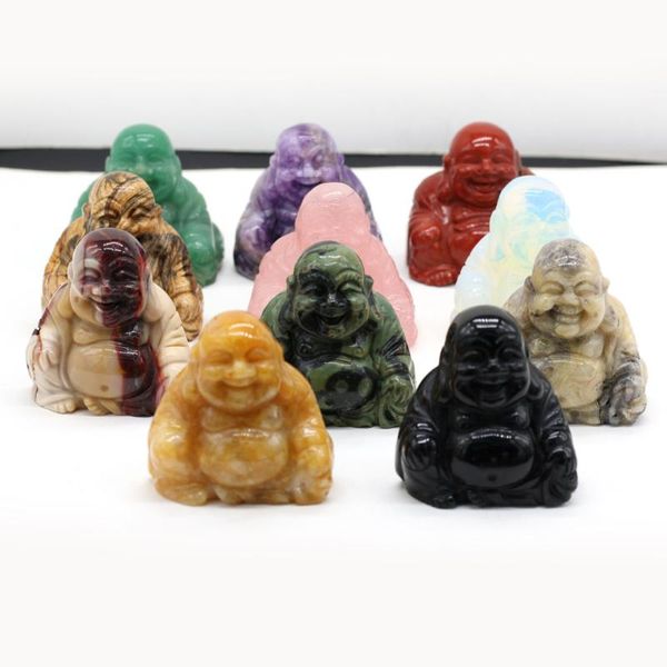 Oggetti decorativi Figurine Statua animale naturale Occhio di tigre Pietra Quarzo rosa Ametista Opale Forma di Buddha Maitreya Buddista tradizionale Ho