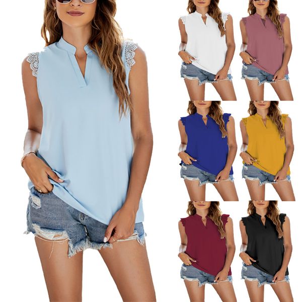 Realfine Sommer-T-Shirts 9817, V-Ausschnitt, Baumwolle, einfarbig, Spitzenweste, T-Shirts für Damen, Größe S-XL