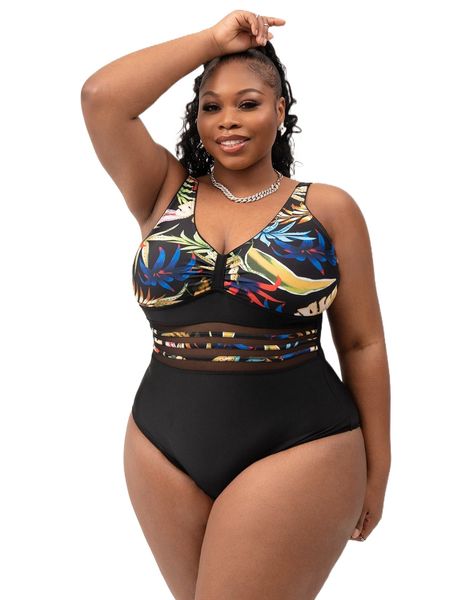 

plus plant print contrast mesh one piece swimsuit 10ga#, White;black