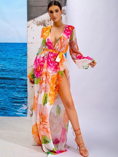 

love&lemonade floral print plunging neck belted split thigh dress j3xz#, Black;gray
