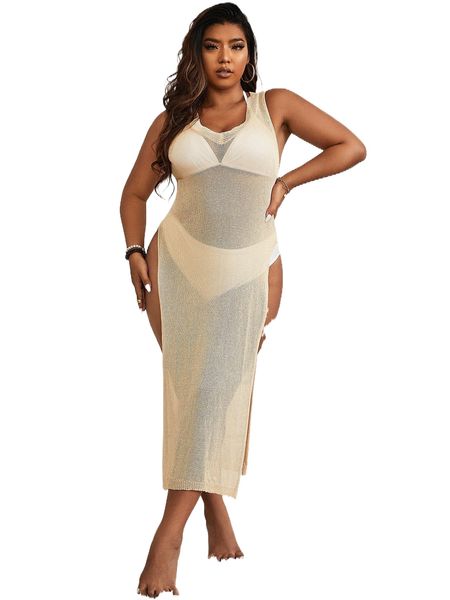 

plus split hem cover up dress without bikini s6mp#, Black