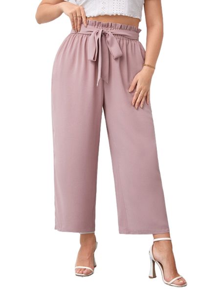 

plus paper bag waist knot front wide leg pants c19z#, Black