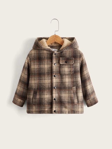 

toddler boys tartan print flap pocket hooded coat she, Blue;gray