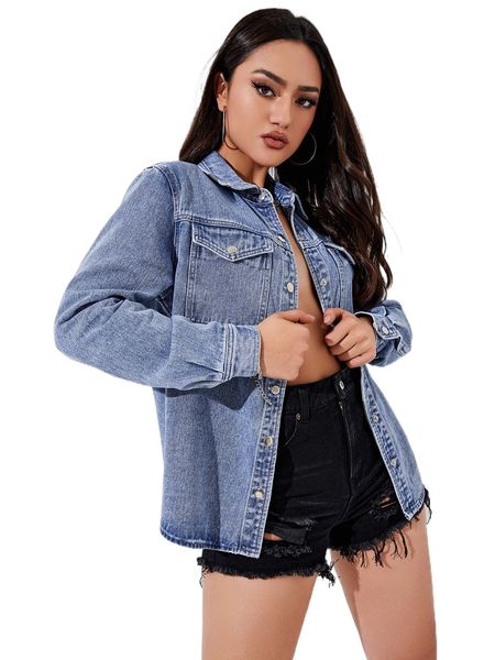 

flap pocket button front denim jacket t8q9#, Black;brown
