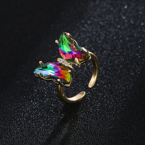 Изысканное кольцо с бабочкой для женщин, регулируемое кольцо из нержавеющей стали с цветным фианитом, ювелирные изделия с изображением животных