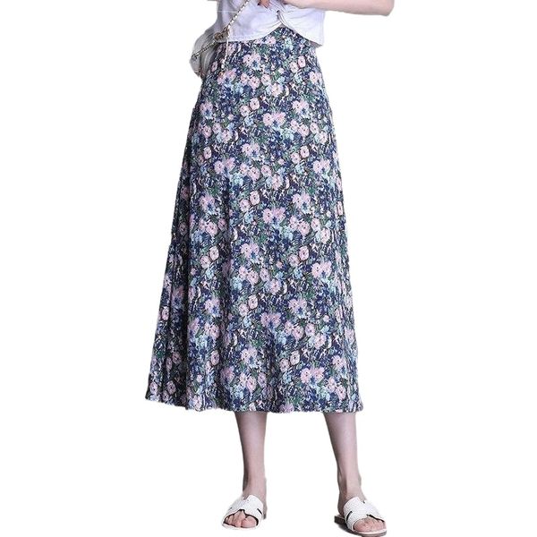 

chiffon a-line skirt women plus size floral print elegant long mujer maxi beach summer 2022 vintage saia longa skirts m9h1#, Black