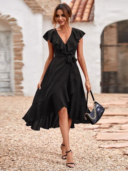 

solid ruffle trim belted wrap dress e3cd#, Black;gray