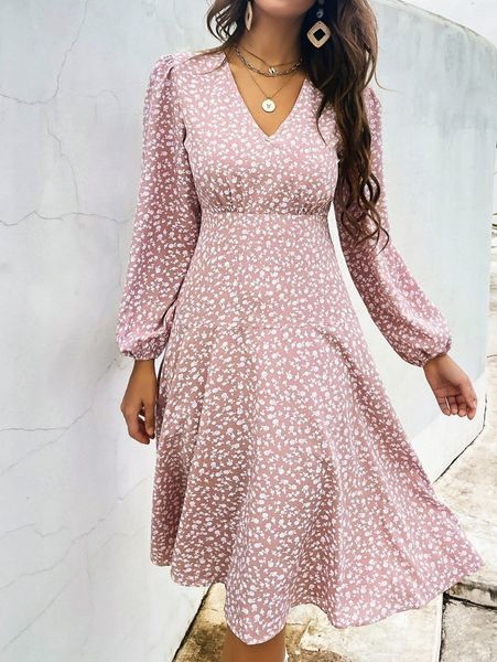 

ditsy floral lantern sleeve a-line dress u2jg#, Black;gray