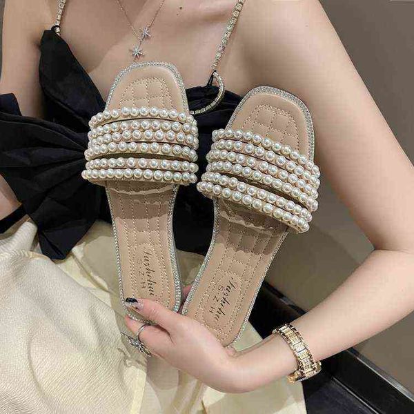 

slippers niche design vintage pearl flat jelly sole french women s slipper modern 220516, Black