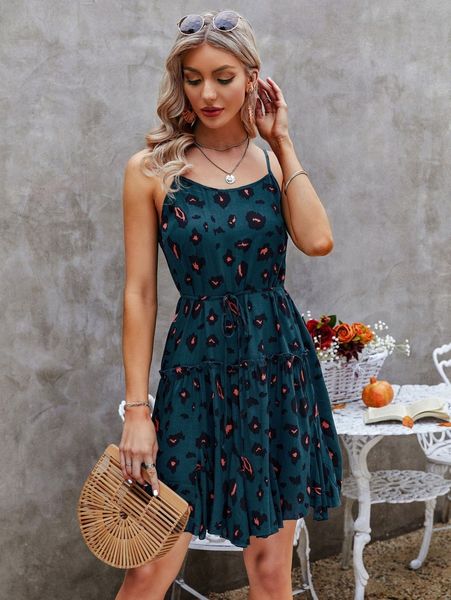 

leopard print ruffle trim belted cami dress r6xe#, Black;gray